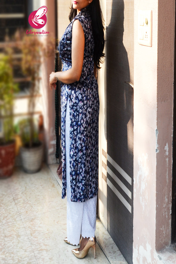 Blue Printed Velvet Princess Cut Yoke Collar Neck Straight Fit Kurti