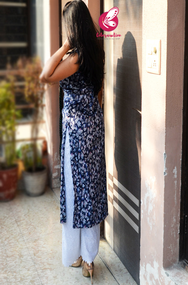 Blue Printed Velvet Princess Cut Yoke Collar Neck Straight Fit Kurti
