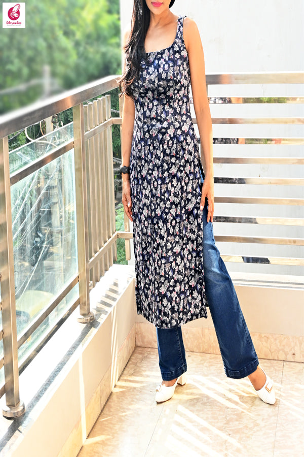 Blue Scoop Neck Printed Velvet Back Keyhole Kurti | Colorauction