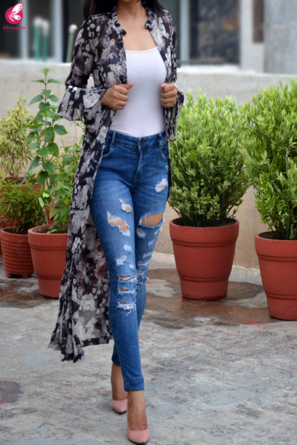 Black &amp; White Printed Floral Georgette Quarter Sleeves Long Shrug