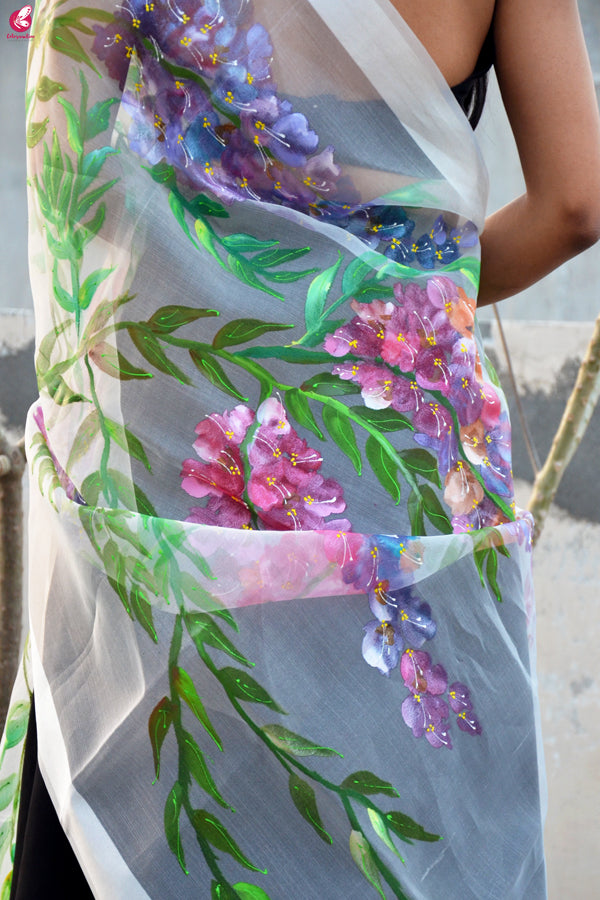 White Organza Handpainted Multicolor Floral Stole