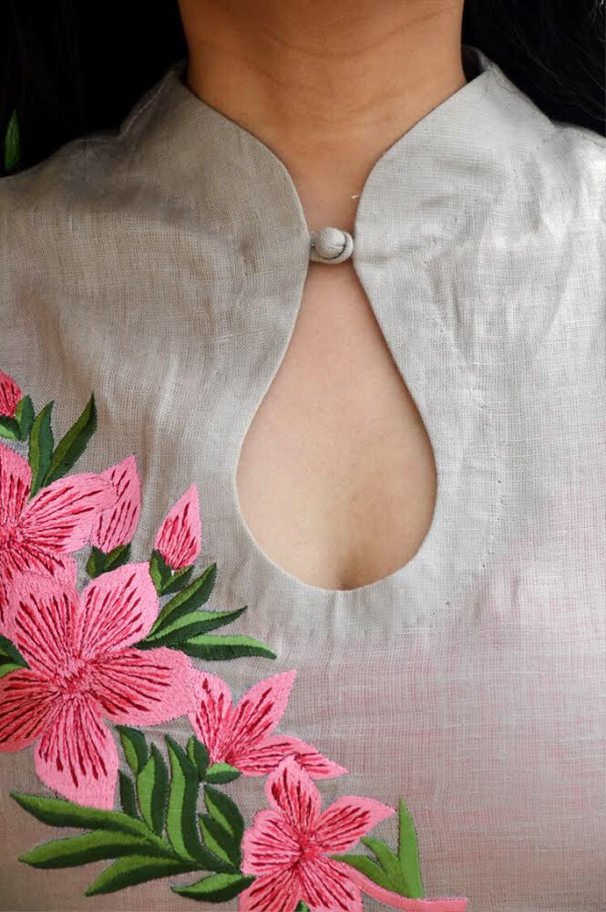 Greenish Gray Linen Embroidered A-Line Kurti
