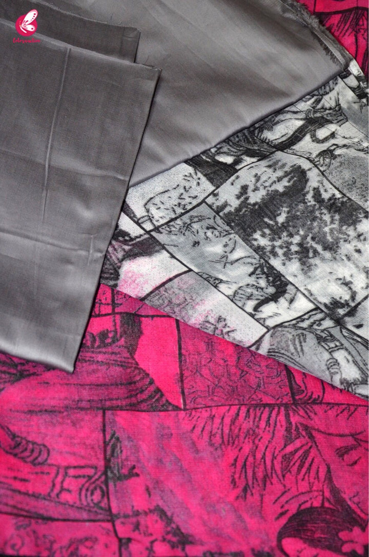 Grey and Pink Printed Georgette Saree