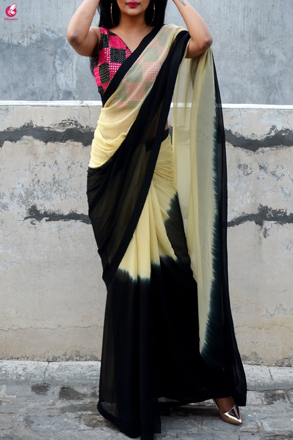 Double Shaded Georgette Black Cream Saree
