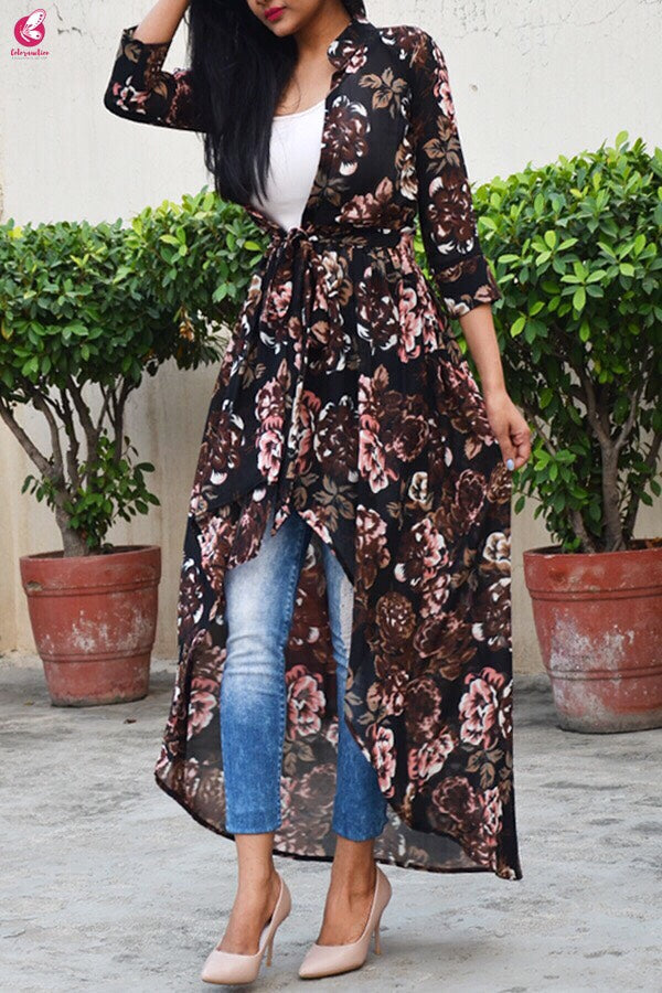 Black Multicolor Georgette Floral Long Shrug