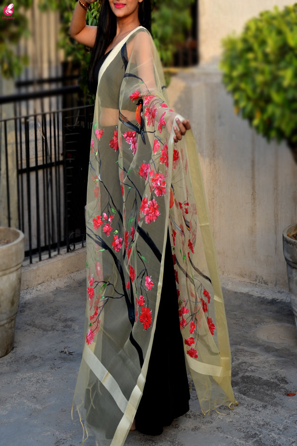 Cream Organza Hand painted Floral Birds Stole