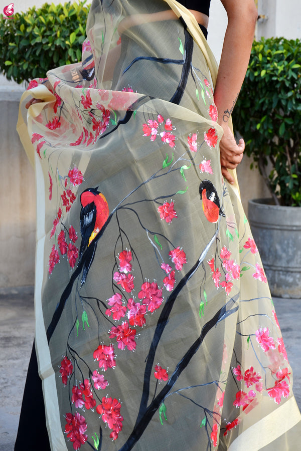 Cream Organza Hand painted Floral Birds Stole