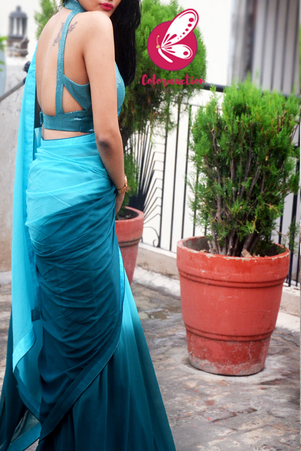 Teal Blue Green Half &amp; Half Double Shaded Georgette Dupion Taping Saree