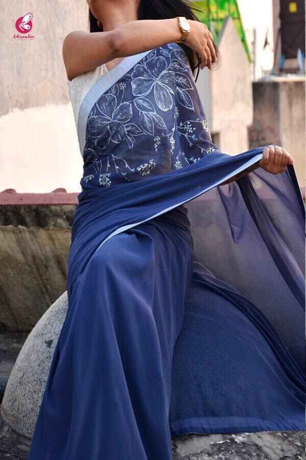 Blue-Grey Georgette Handpainted Saree