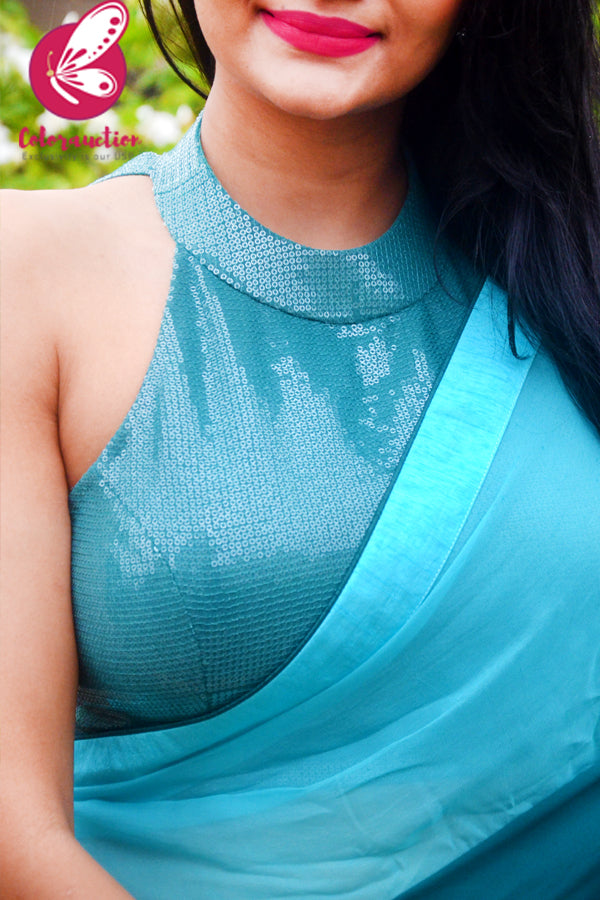 Teal Blue Green Half &amp; Half Double Shaded Georgette Dupion Taping Saree