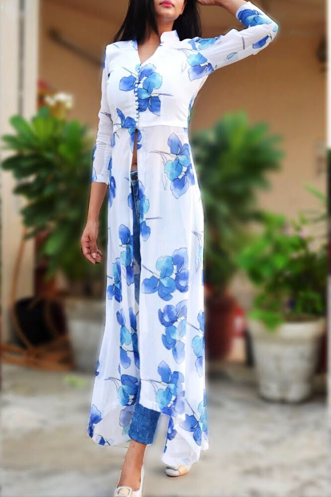 Off White Printed Georgette Kurti