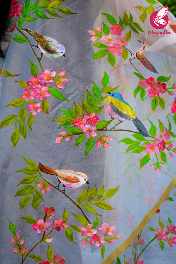 Off White Handpainted Colourful Floral Golden Zari Pure Organza Stole
