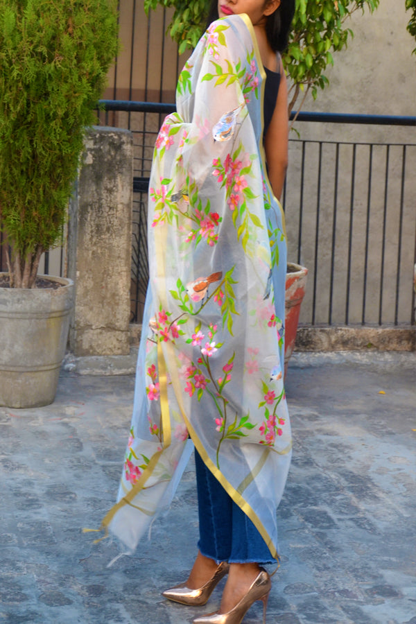 Off White Handpainted Colourful Floral Golden Zari Pure Organza Stole