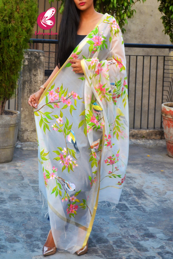 Off White Handpainted Colourful Floral Golden Zari Pure Organza Stole