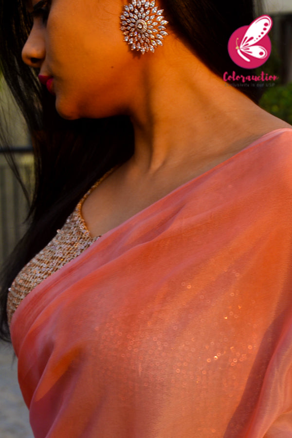 Peach &amp; Off White Double Shaded Chinon Saree