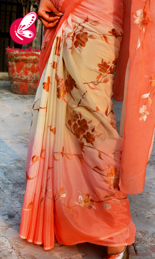 Peach &amp; Off White Double Shaded Chinon Saree