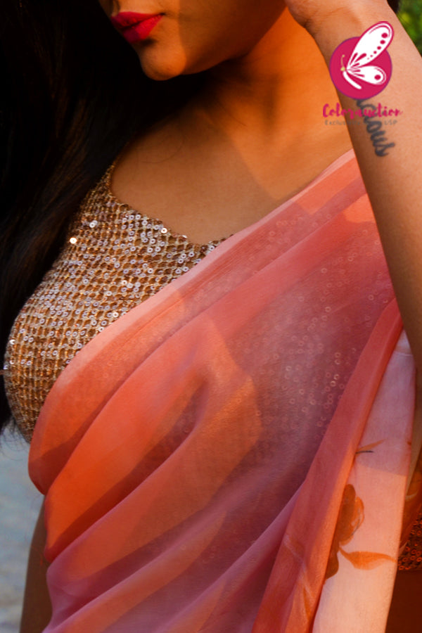 Peach &amp; Off White Double Shaded Chinon Saree