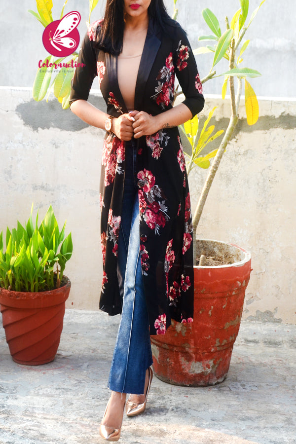 Black Printed Georgette Floral Long Shrug