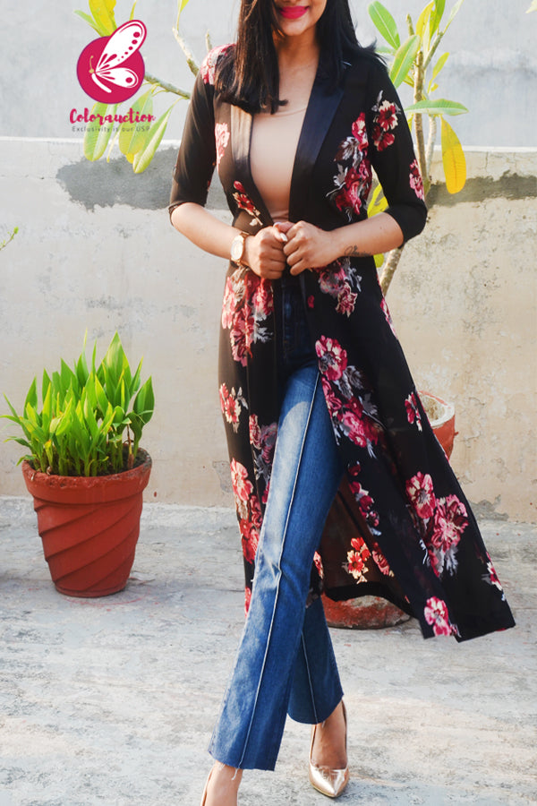 Black Printed Georgette Floral Long Shrug