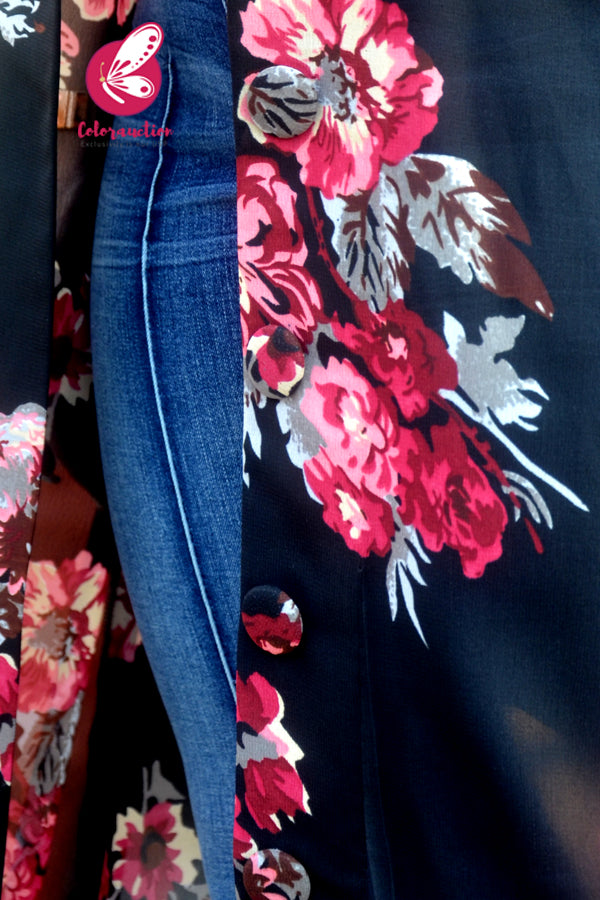 Black Printed Georgette Floral Long Shrug