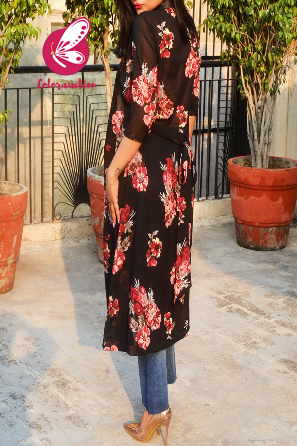 Black Printed Georgette Floral Long Shrug
