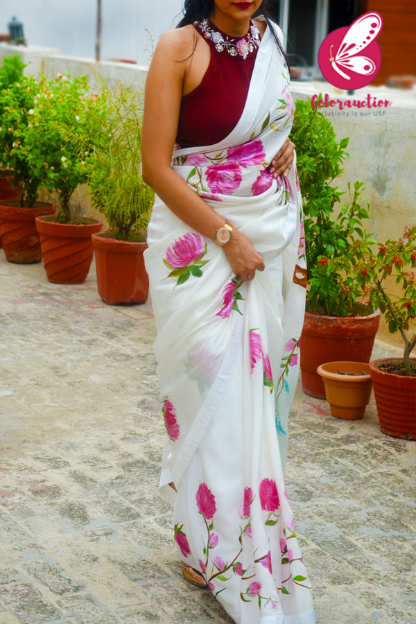 White Hand-painted Silk Crepe White Satin Taping Saree with Maroon Crepe Handwork Blouse Piece