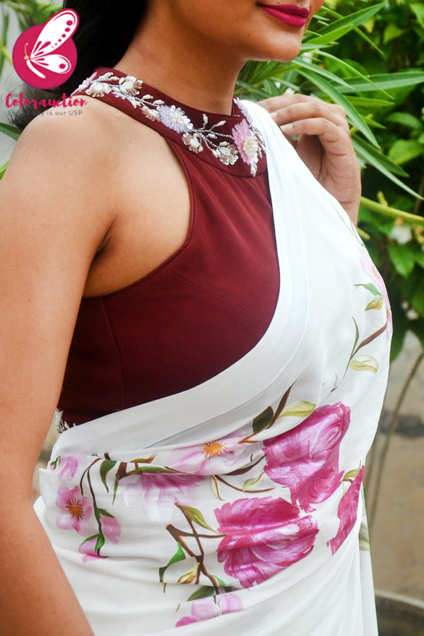 White Hand-painted Silk Crepe White Satin Taping Saree with Maroon Crepe Handwork Blouse Piece