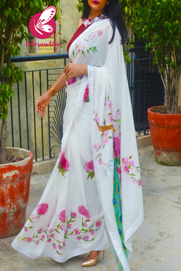 White Hand-painted Silk Crepe White Satin Taping Saree with Maroon Crepe Handwork Blouse Piece