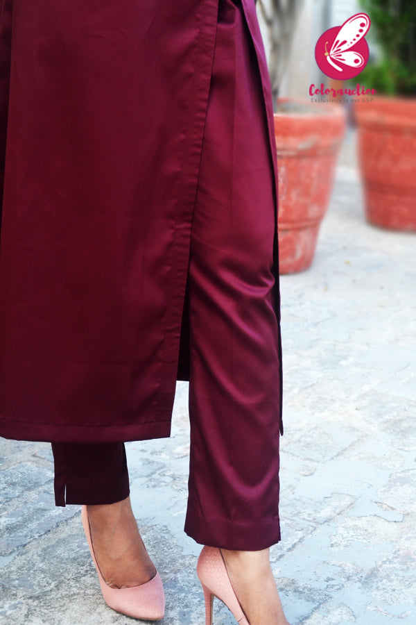 Burgundy Cotton Silk Embroidered Kurti Set