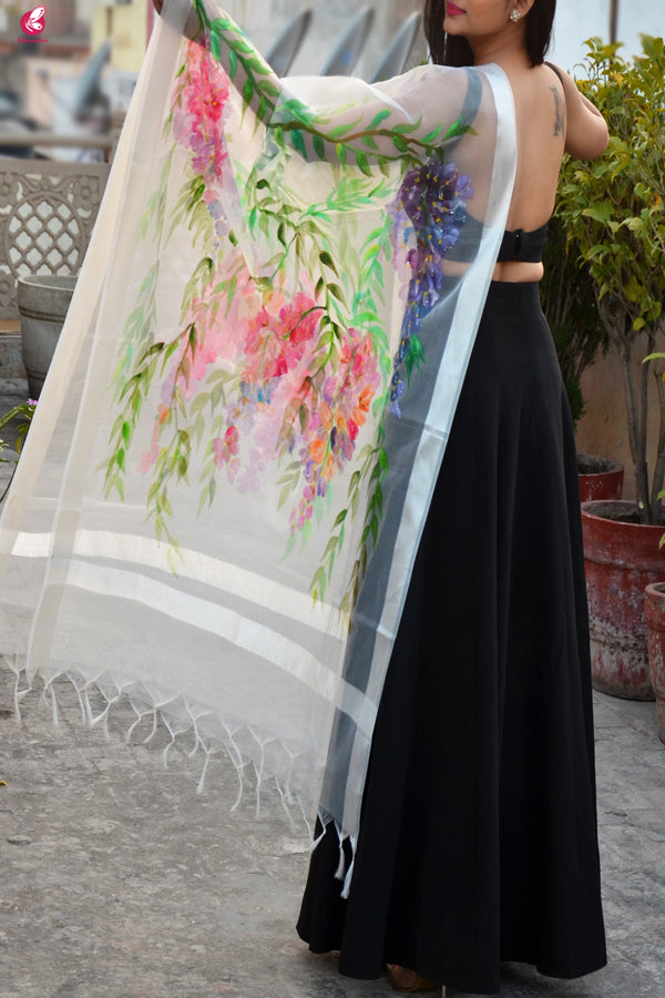 White Organza Handpainted Multicolor Floral Stole