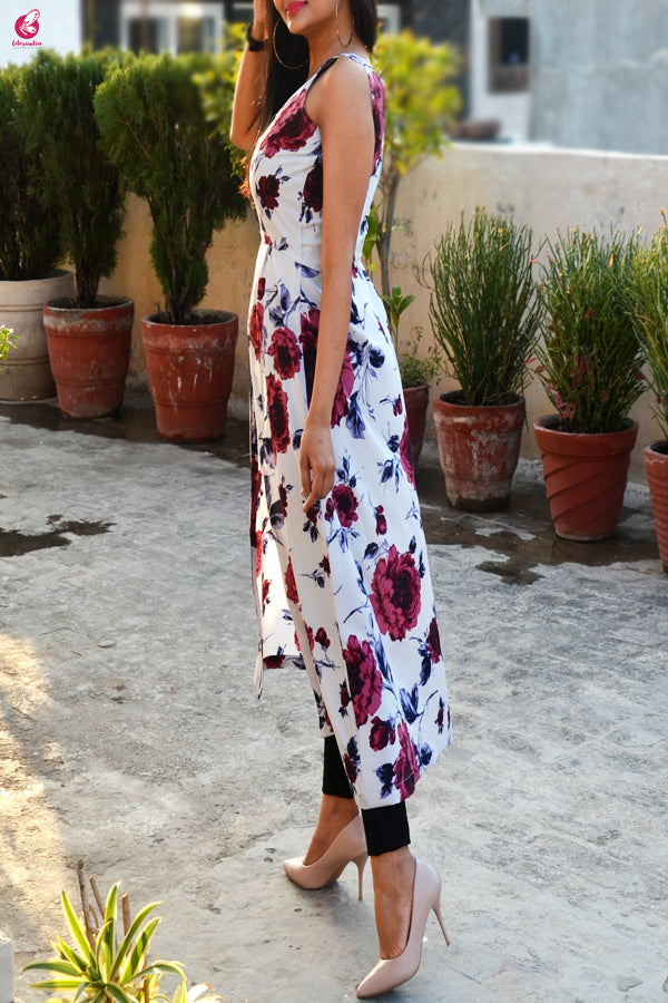 Powder Blue Floral Printed Crepe Front Slit Kurti