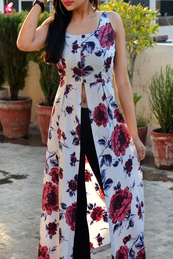 Powder Blue Floral Printed Crepe Front Slit Kurti
