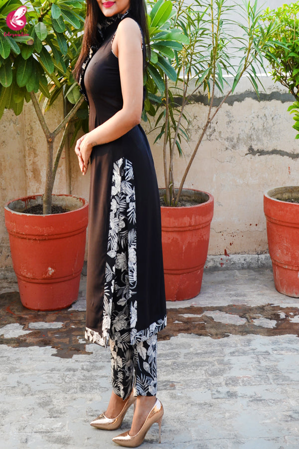 Black Printed Crepe Kurti with Printed Crepe Palazzo Pant