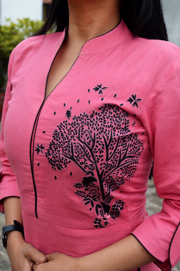Carrot-red Embroidered A-Line Kurti Dress