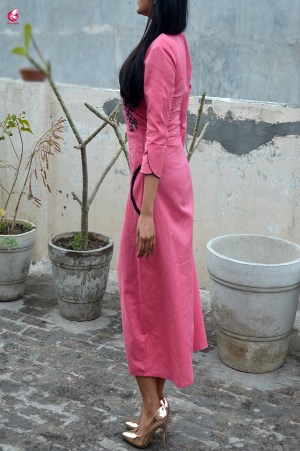 Carrot-red Embroidered A-Line Kurti Dress