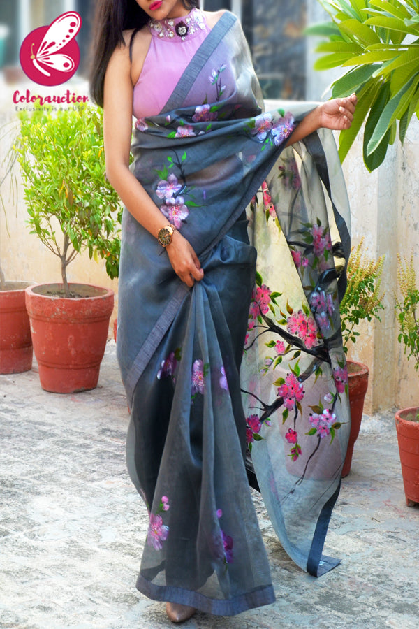 Grey Hand-painted Crane Pure Organza Saree
