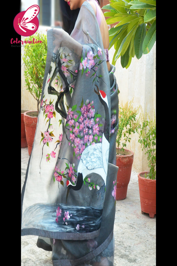 Grey Hand-painted Crane Pure Organza Saree