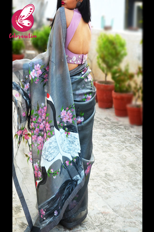 Grey Hand-painted Crane Pure Organza Saree