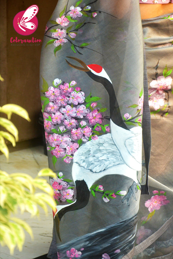 Grey Hand-painted Crane Pure Organza Saree