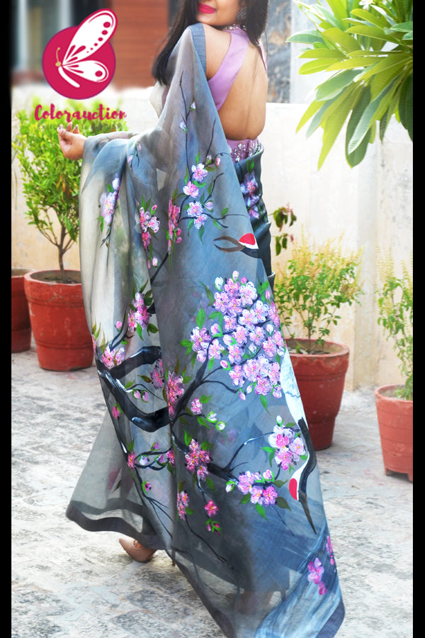 Grey Hand-painted Crane Pure Organza Saree
