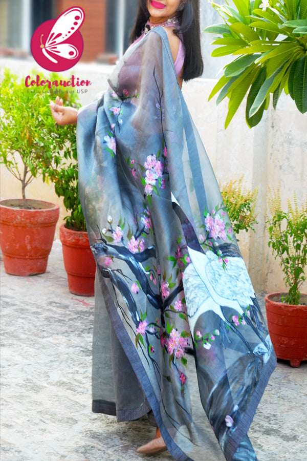 Grey Hand-painted Crane Pure Organza Saree