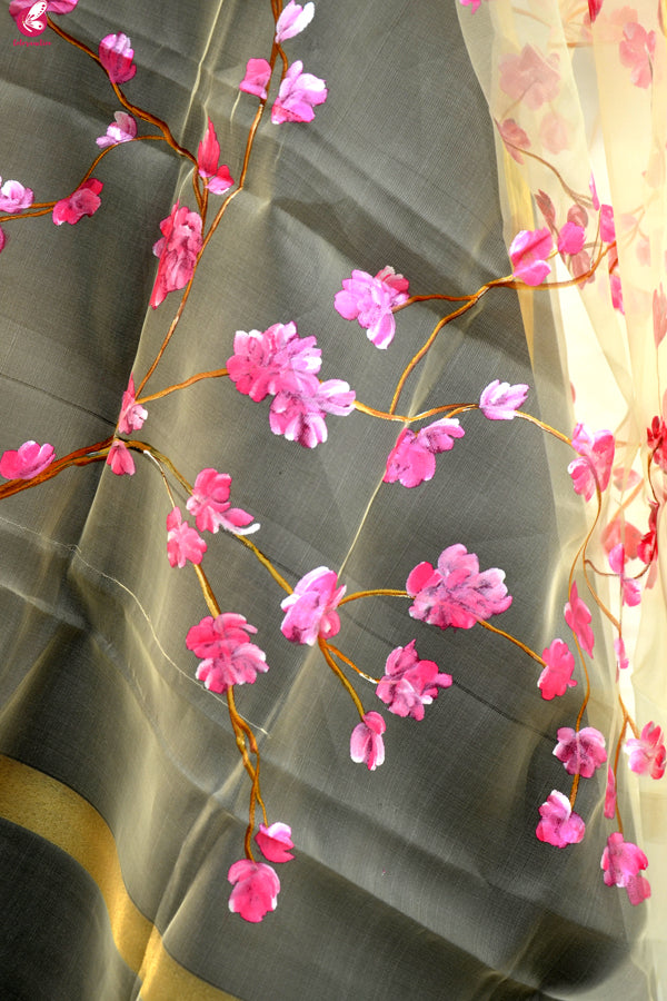 Cream Organza Floral Hand Painted Stole