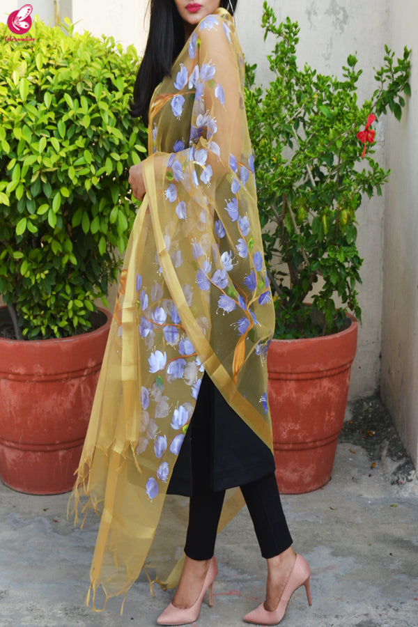Cream Organza Hand painted Lilac Floral Stole
