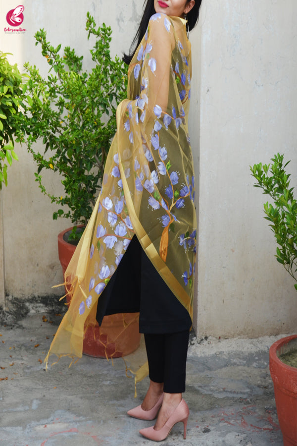 Cream Organza Hand painted Lilac Floral Stole
