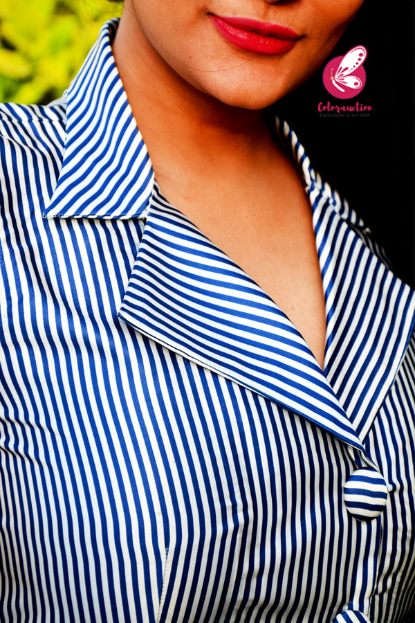 White & Navy Blue Satin A-Line Stripes Kurti