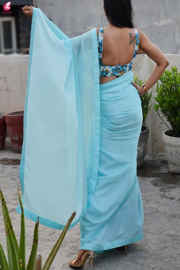 White &amp; Blue Floral Printed Cotton Tussar Padded Backless Blouse