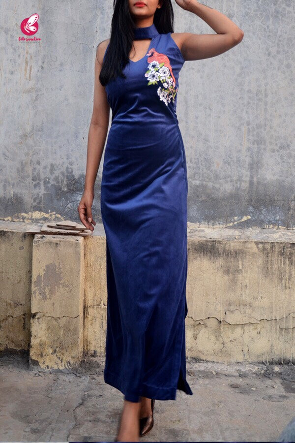 Blue Silky Velvet Sleeveless Maxi Dress