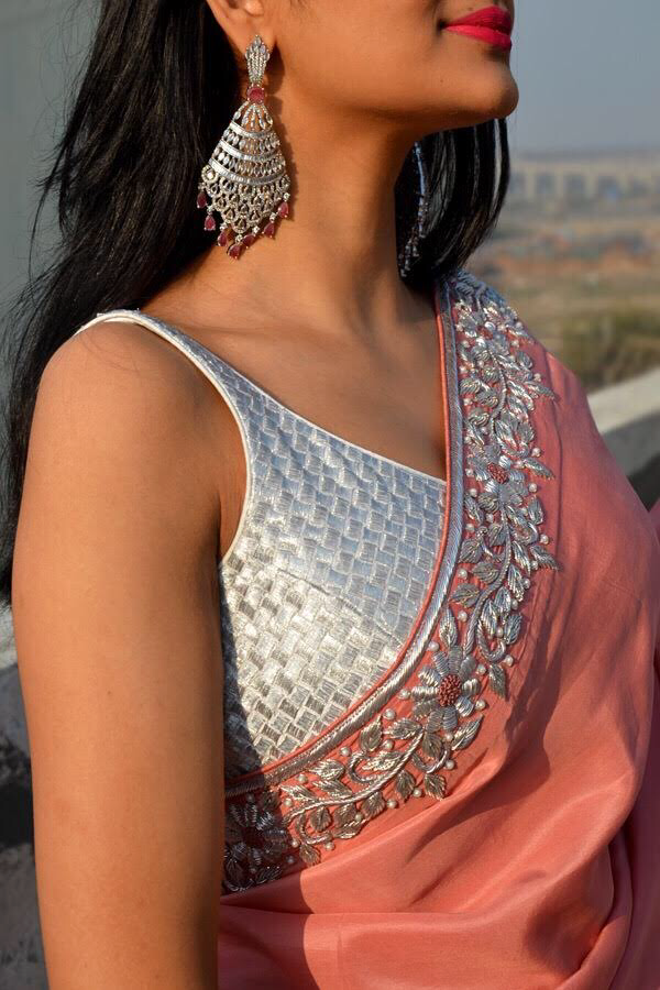 Dusty Rose Pure Silk Silver Dabka Zardosi Pearl Handwork Saree