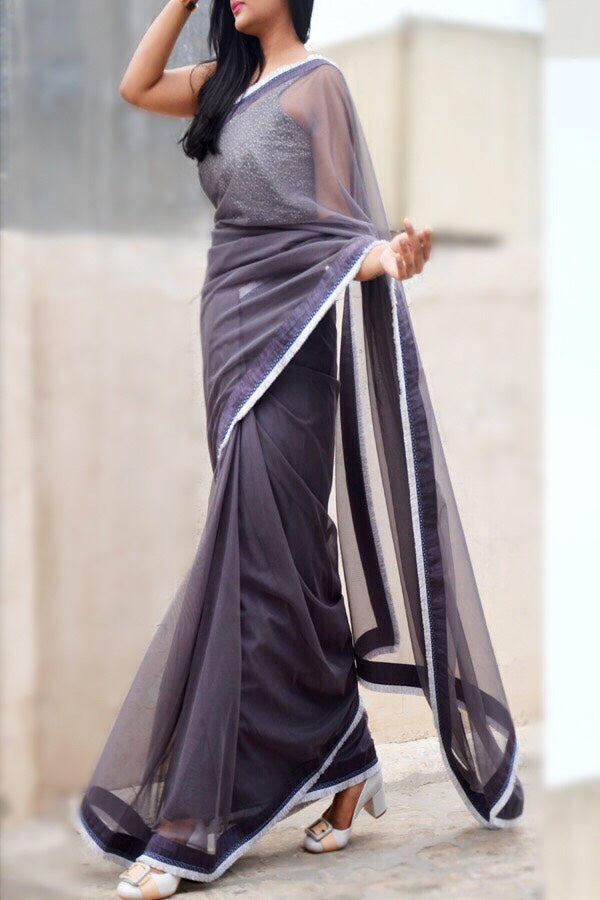 Grey Net Tassel Lace Border Saree