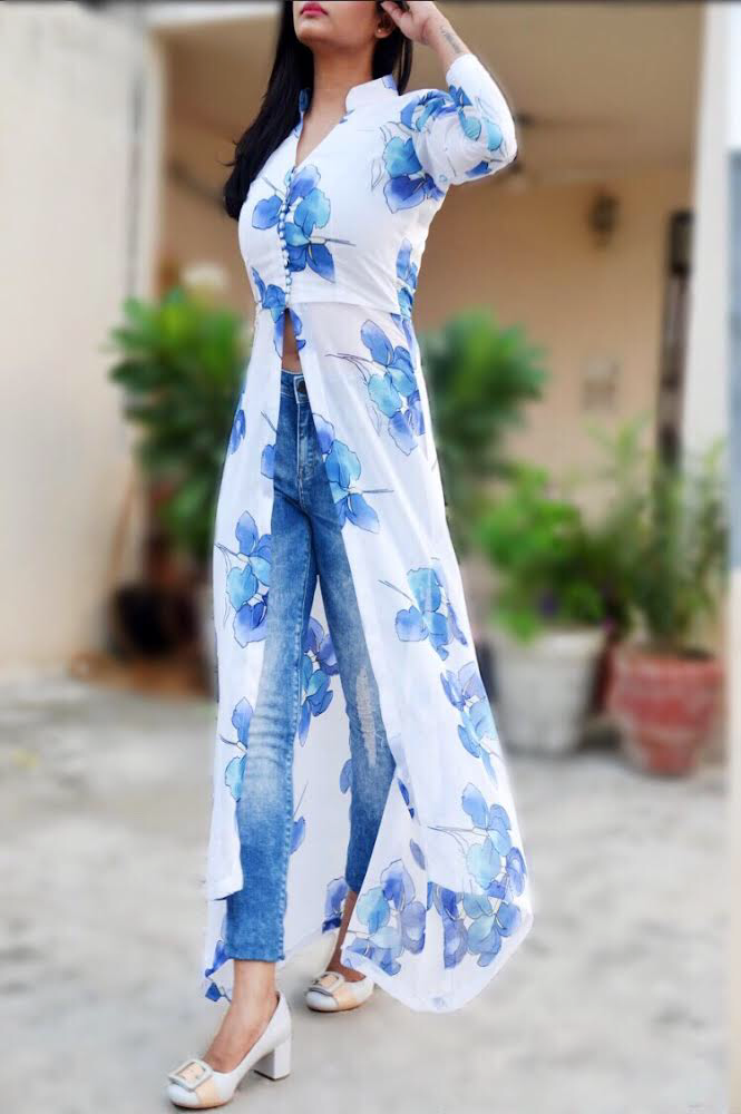 Off White Printed Georgette Kurti